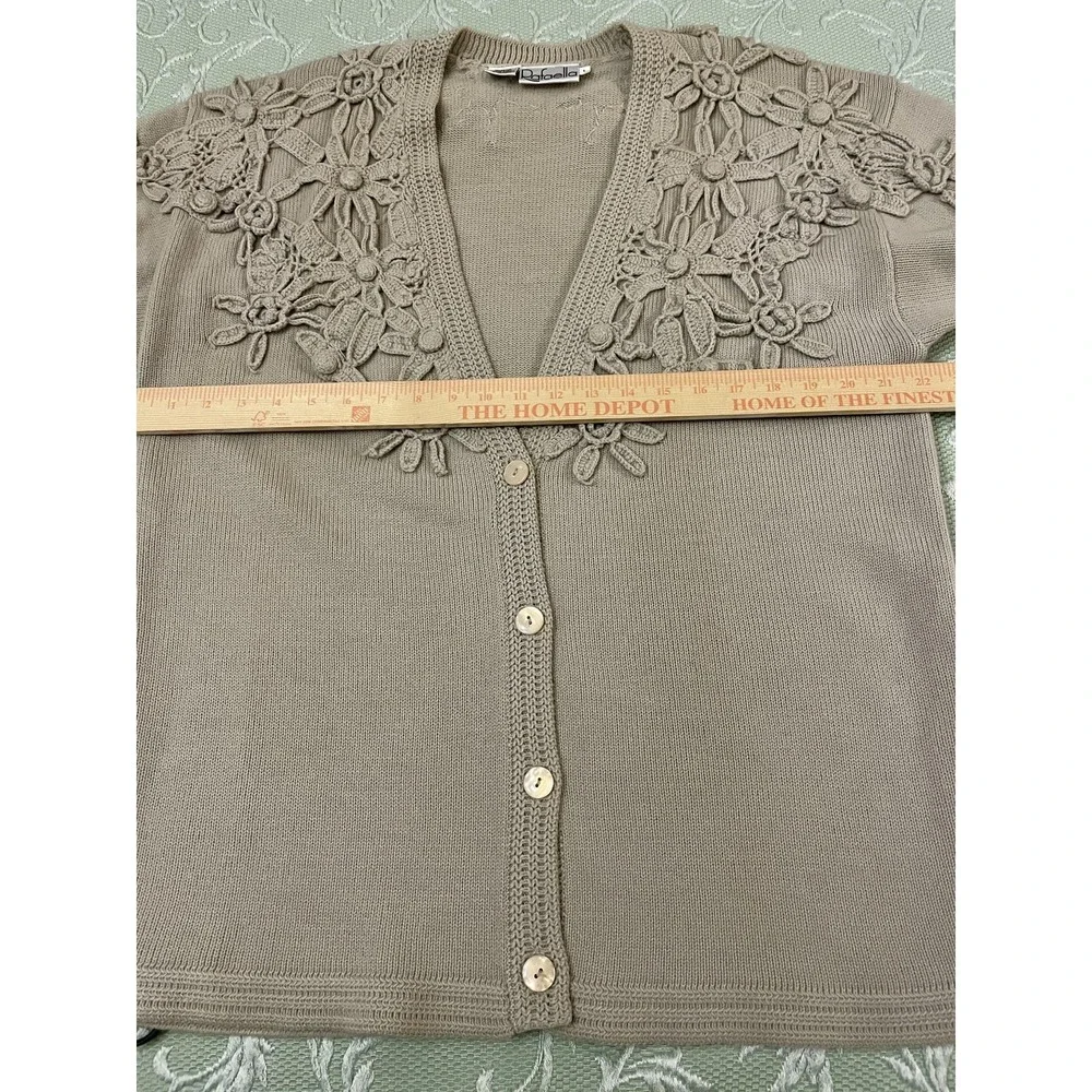 Vintage Rafaella Cardigan‎ Sweater Womens Large Beige Wool Crochet Floral 80s